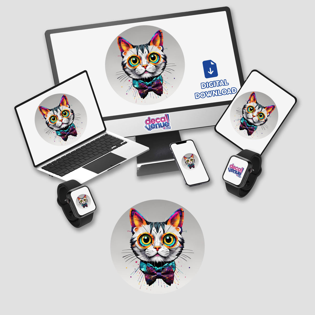 Colorful Confident Cat digital artwork displayed on various devices, featuring a cartoon cat with a bow tie, available as stickers or digital art from Decal Venue.