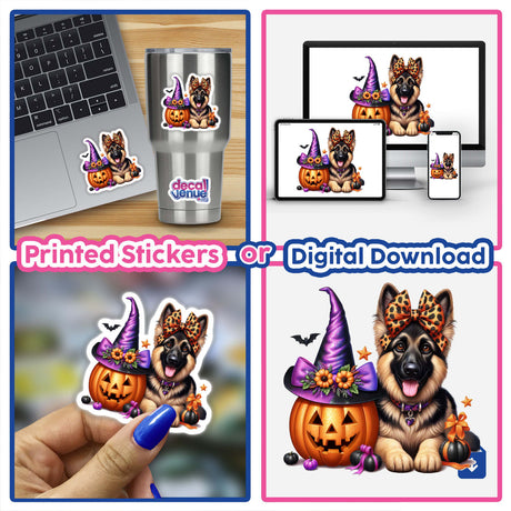 Cute Halloween German Shepherd and Witch Pumpkin - Digital artwork featuring a friendly German shepherd dog wearing a witch hat and sitting in a pumpkin, perfect for stickers or digital downloads.