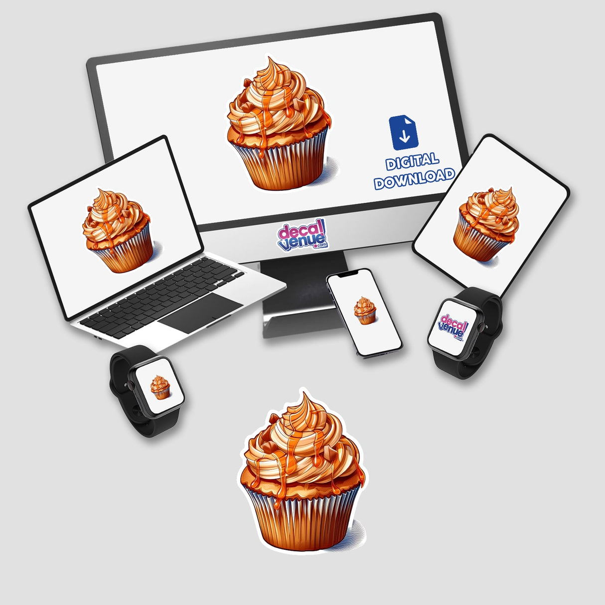 Appetizing digital artwork featuring a vibrant caramel cupcake with frosting, available for download on the Decal Venue online store.