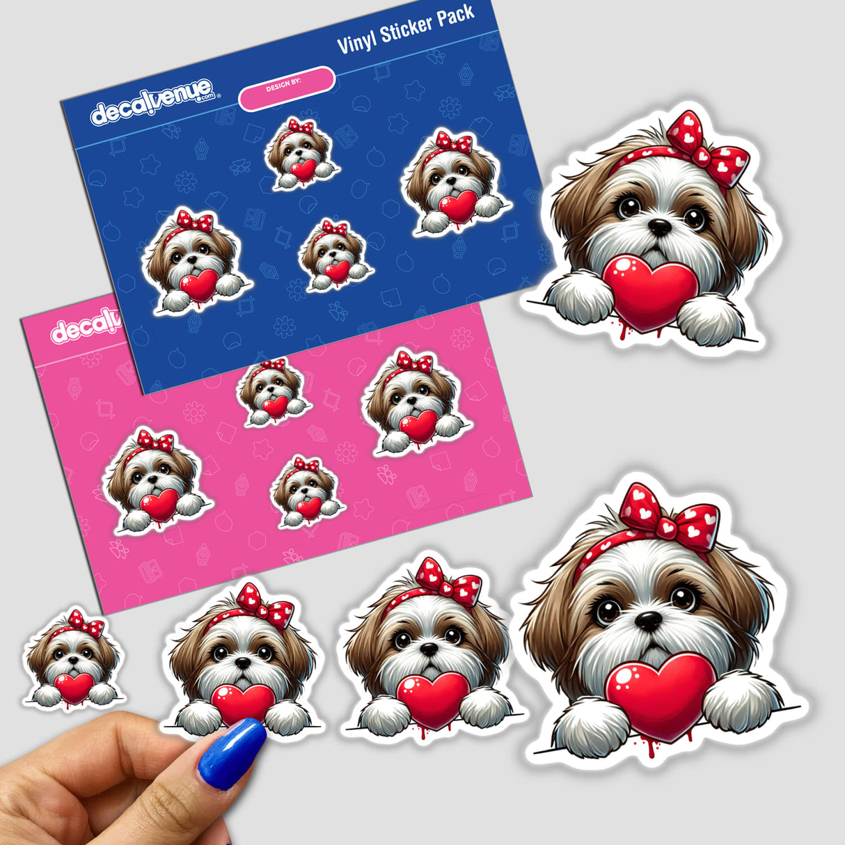 Peeking Shih Tzu Dog with Heart sticker featuring a cartoon Shih Tzu holding a heart, available as vinyl stickers or digital artwork from Decal Venue.