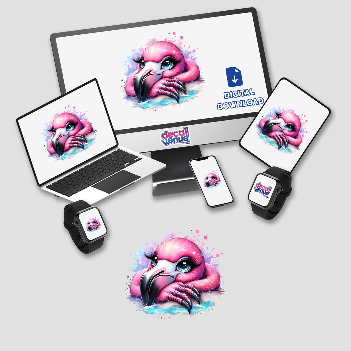 Vibrant pink flamingo digital artwork with watercolor splashes featured on various digital devices