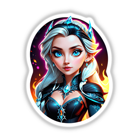 An Evil Queen Anime Girl: Cartoon illustration of a woman with striking blue eyes, available as stickers or digital artwork from Decal Venue.