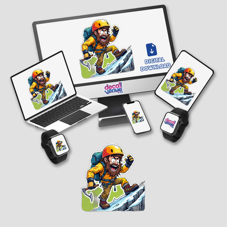 Alpinista Barbudo stickers or digital artwork featuring a cartoon man climbing a mountain, displayed on multiple electronic devices including a laptop, tablet, phone, and smartwatch.