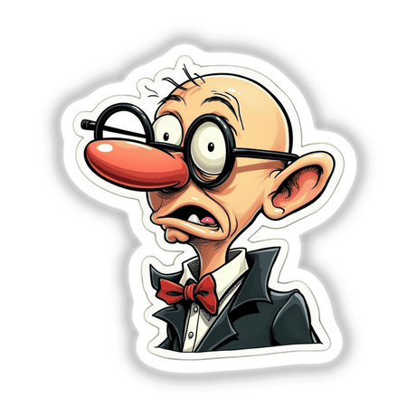 Meu Narizinho cartoon character with glasses and a nose, wearing a suit and red bow tie, available as stickers or digital artwork.