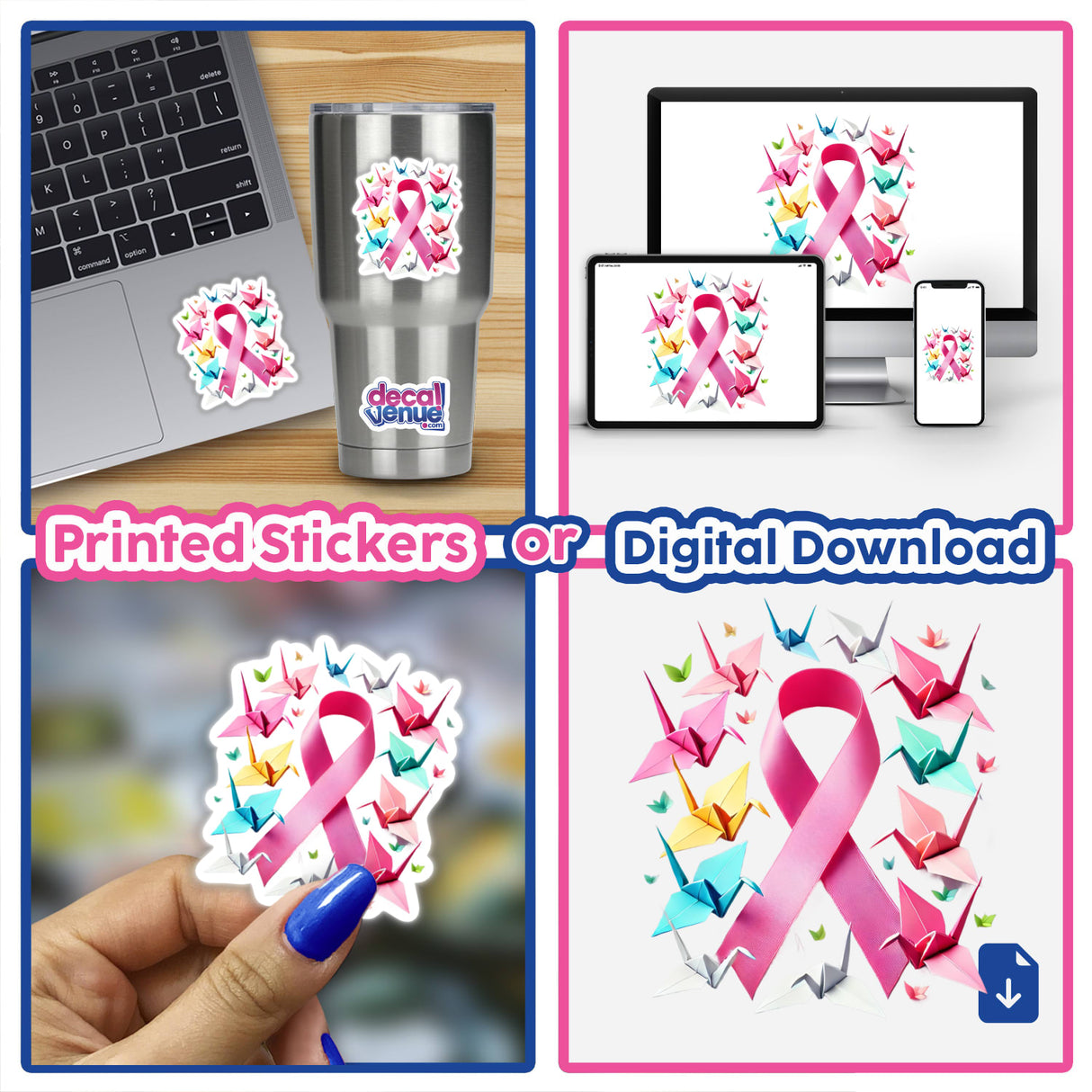 Pink Ribbon and Paper Cranes Breast Cancer Awareness stickers or digital artwork, featuring a collage of pink ribbons and paper cranes, with close-ups of ribbon stickers and decorated laptops.