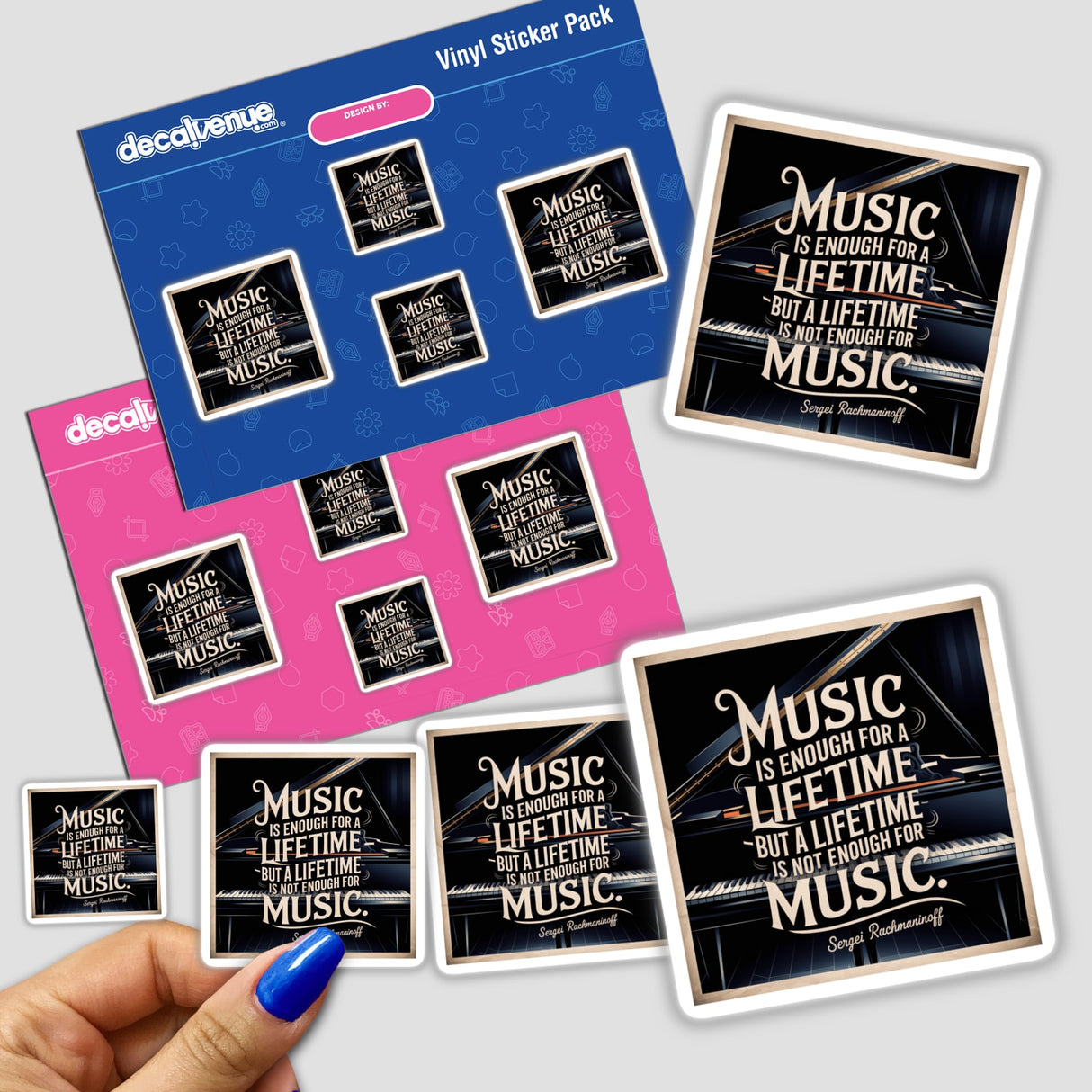 Music is Enough for a Lifetime - Inspirational Sticker or Clipart featuring a hand holding a sticker pack, highlighting its unique design for commercial use, inspired by a Rachmaninoff quote.