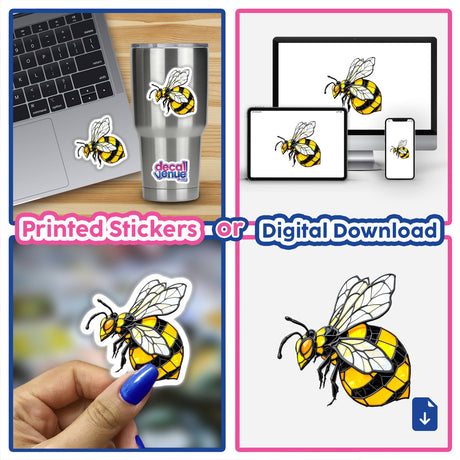 Bee Stained Glass Style sticker collage featuring a bee design on various surfaces, including a laptop and a silver cup, showcasing unique stickers and digital art from Decal Venue.