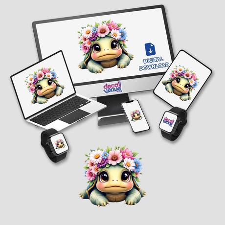 Adorable Turtle with a Spring Flower Crown displayed on various devices as digital artwork, featuring a charming cartoon turtle adorned with flowers, available as stickers or digital art from Decal Venue.