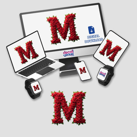 Elegant Floral Letter M Clipart displayed on various devices, available as downloadable stickers with commercial rights from Decal Venue.