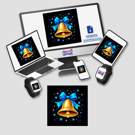 Gold Bell with Blue Ribbon and Sparkling Stars on screens of various electronic devices, featured as stickers or digital artwork, showcasing Decal Venue's unique design offerings.