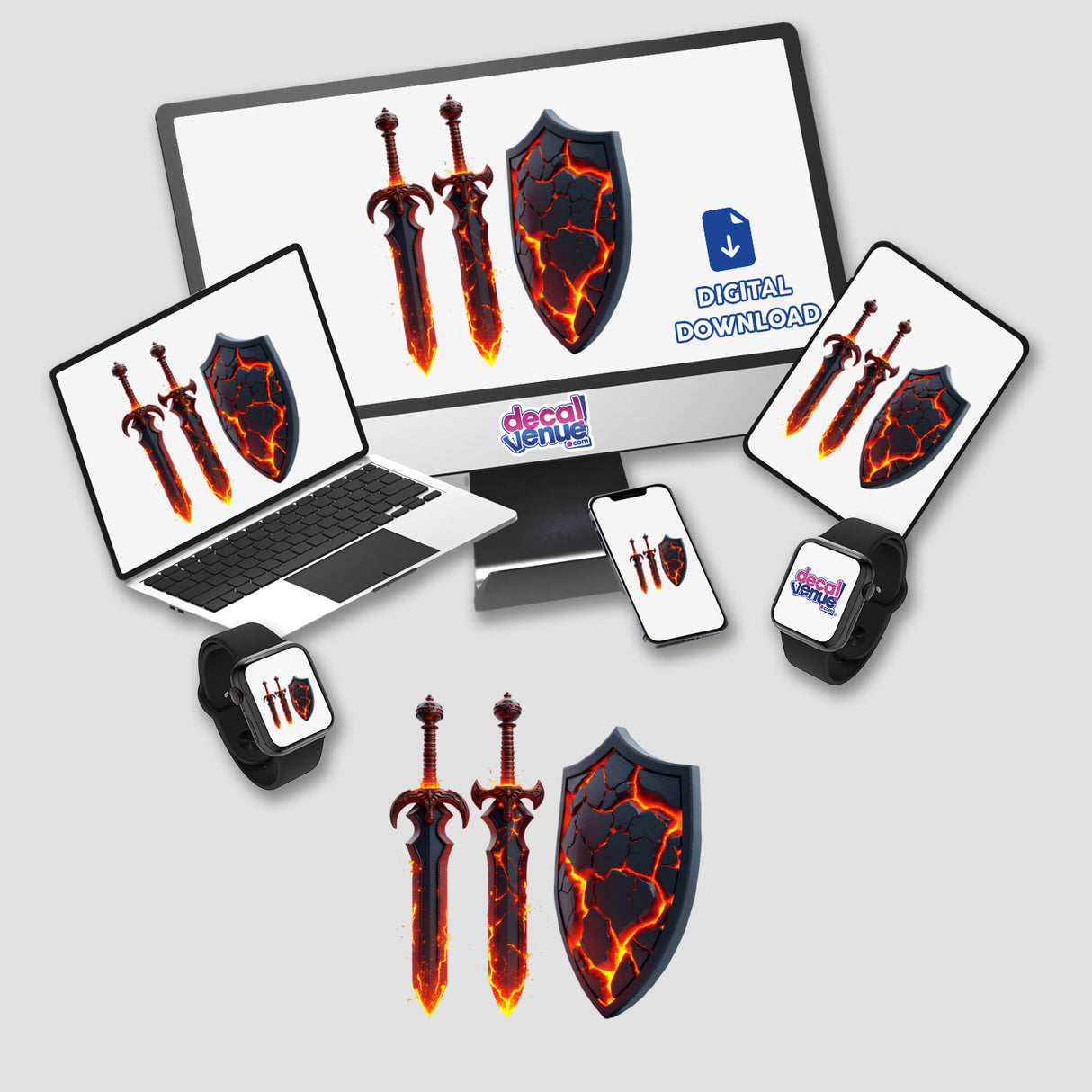 Molten Lava Sword and Shield displayed on a computer screen, showcasing digital art available as stickers or artwork, emphasizing the intricate design of flames and molten elements.