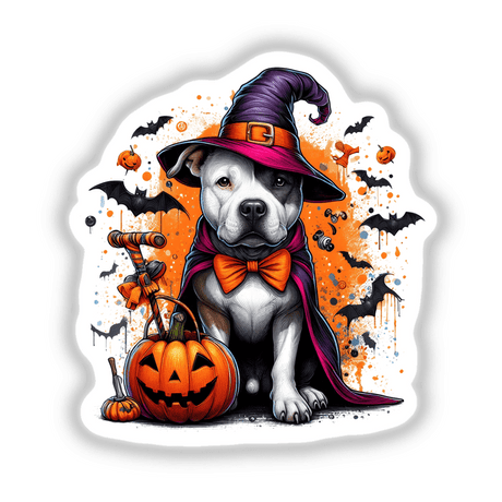 Halloween Dracula Pitbull Dog Trick or Treat sticker or digital artwork featuring a pitbull in a hat and cape, emphasizing a playful and spooky Halloween theme.