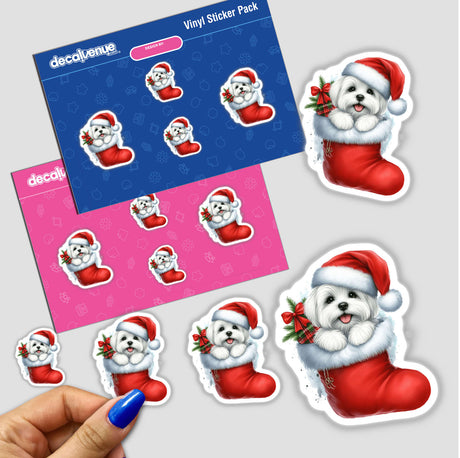 Peeking Santa Maltese Dog Christmas Stocking sticker pack featuring dogs in festive stockings, available as unique stickers or digital artwork.