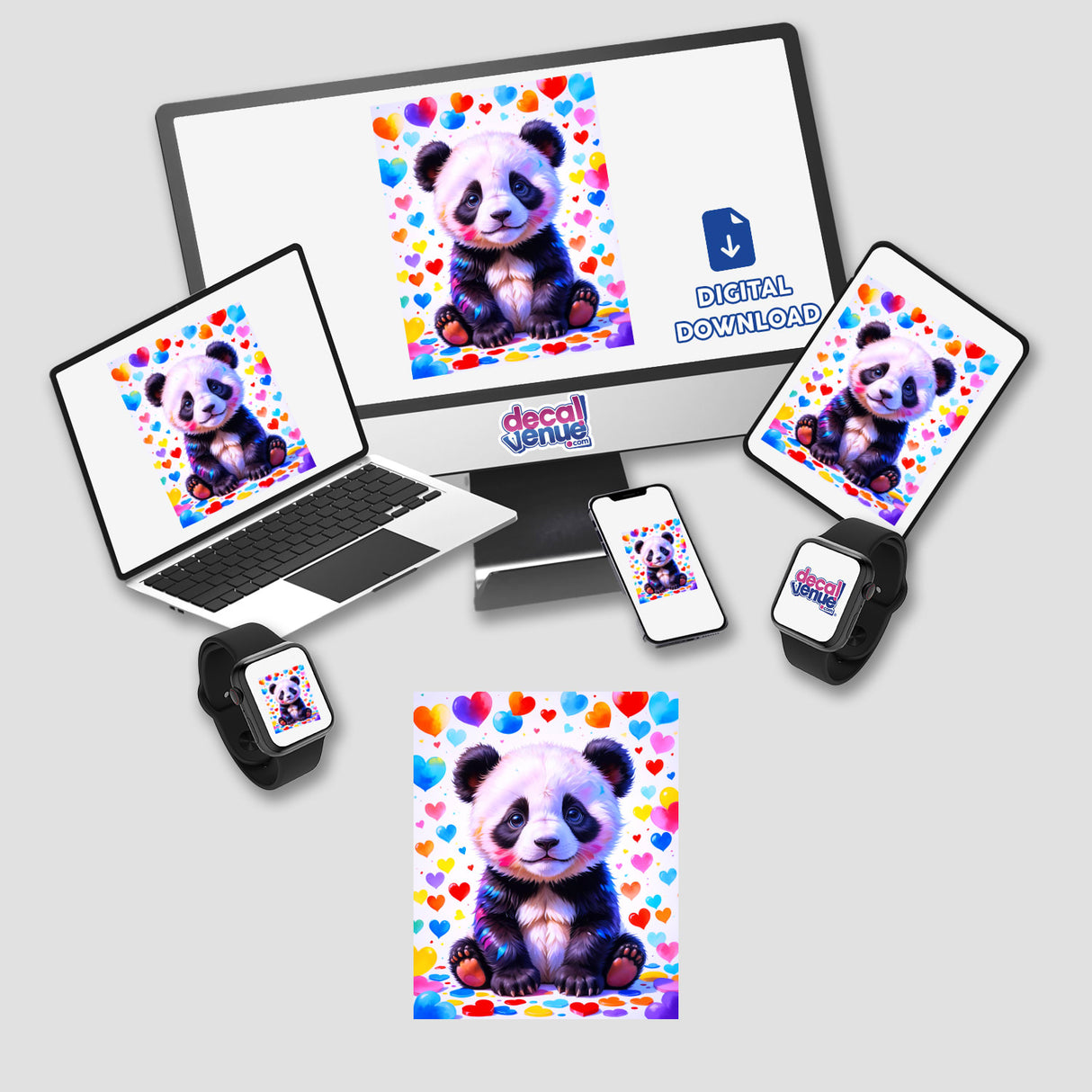 Cute panda bear with love hearts displayed on a computer monitor and laptop, available as stickers or digital artwork from Decal Venue.