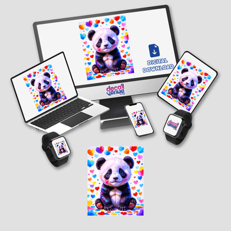 Cute panda bear with love hearts displayed on a computer monitor and laptop, available as stickers or digital artwork from Decal Venue.