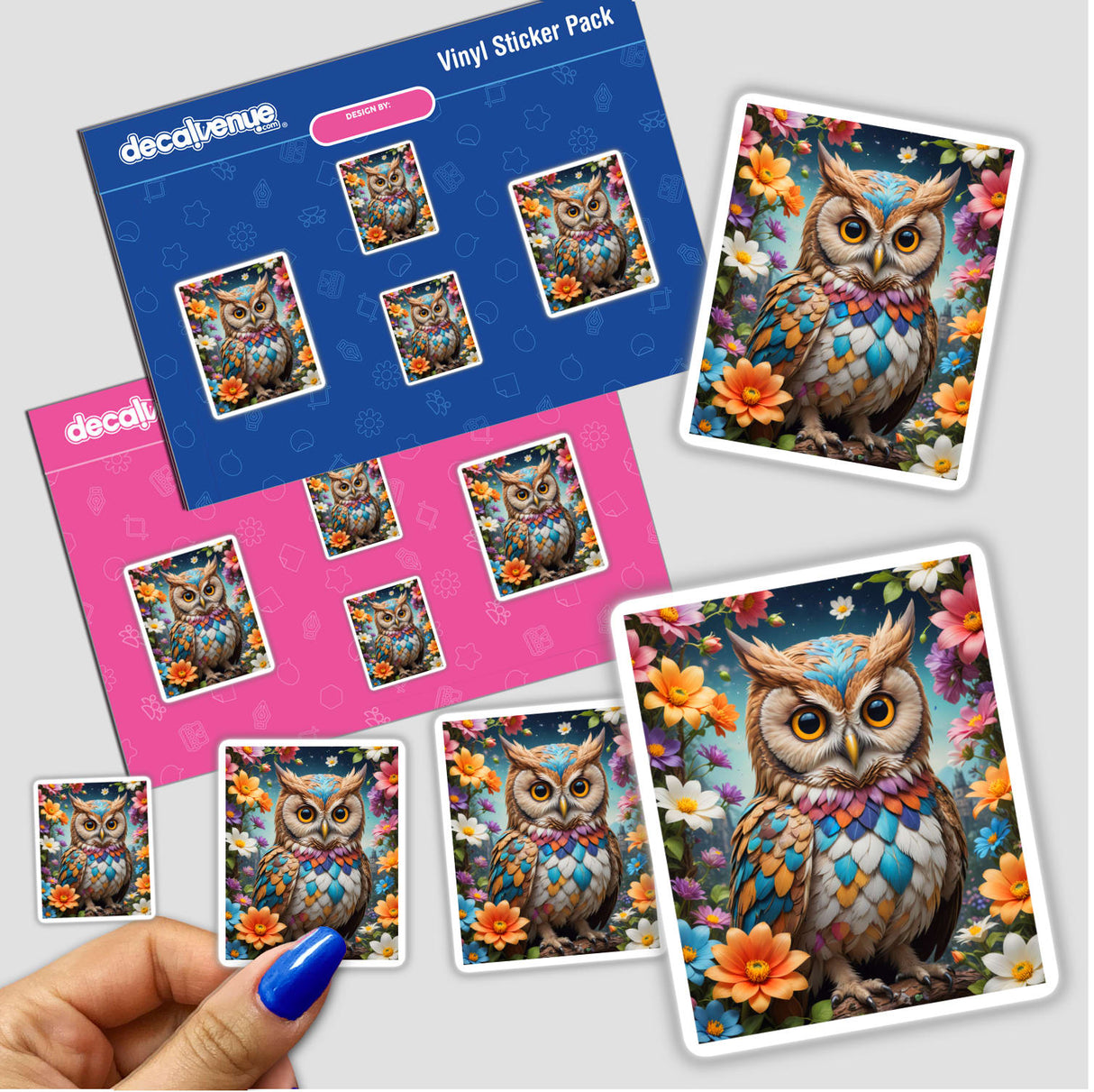 A Lovely Owl With Blooming Flowers sticker, showcasing a colorful owl adorned with flowers, available as a unique vinyl sticker or digital artwork from Decal Venue.