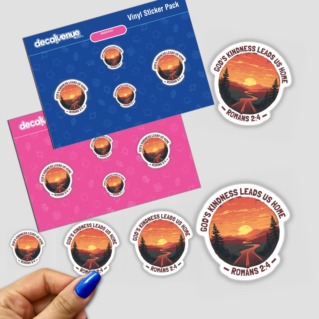 Stickers featuring Romans 2:4 Inspired Bible Verse Clipart with sunset and trees, promoting Christian inspiration for Stop Bullying Day. Available for purchase as stickers or digital artwork.