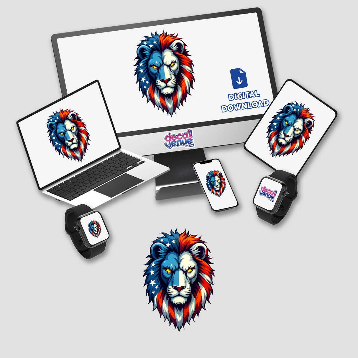 A Cool American Flag Lion design displayed on a computer monitor and laptop, showcasing the lion's head intertwined with the flag motif. Available as stickers or digital artwork.