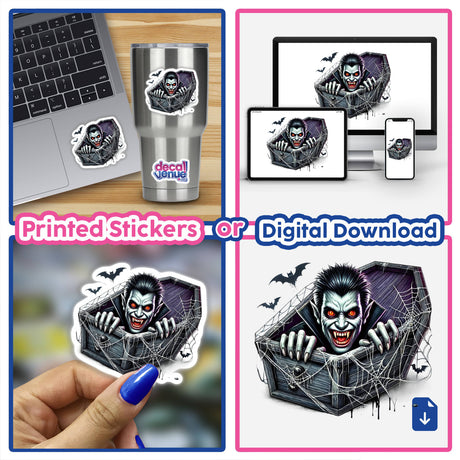 Spooky Halloween vampire peeking out from a coffin against a web background, available as printed stickers or digital download from Decal Venue, an online store offering unique stickers and digital art.