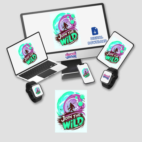 Join The Wild With Bigfoot design featured on a computer monitor, laptop, and phone screen, showcasing unique stickers or digital artwork available from Decal Venue.