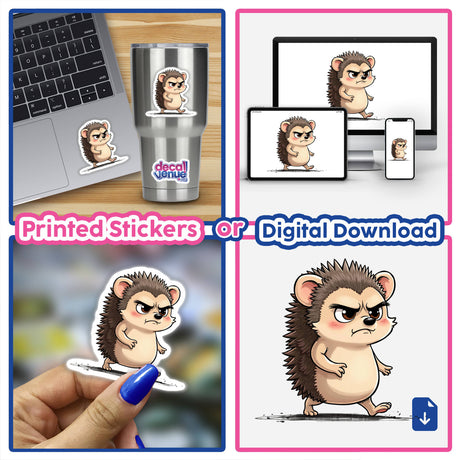 Cute Angry Hedgehog Cartoon Character collage featuring various sticker designs and digital artwork, including a close-up on a laptop, cup, and finger.