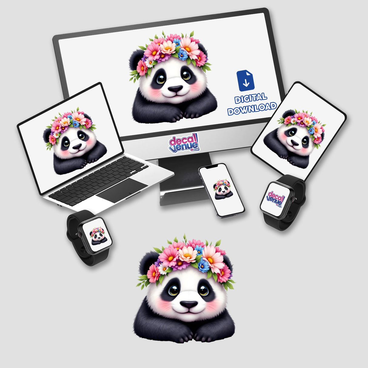 Sweet Panda Wearing a Flower Crown displayed on various screens, including a computer monitor, laptop, and smartwatch, available as stickers or digital artwork.