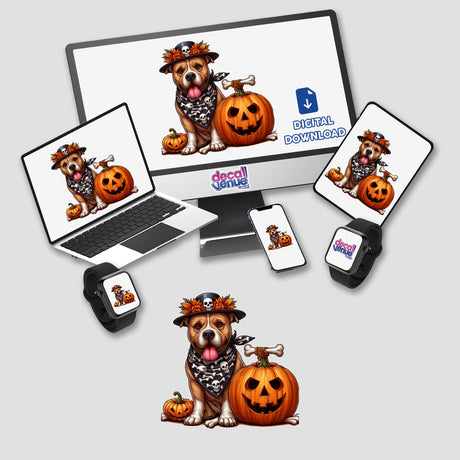 Halloween Pitbull Dog and Pumpkins digital artwork featuring a dog in a hat and bandana, surrounded by pumpkins, displayed on a computer, laptop, and tablet. Available as stickers or digital artwork.