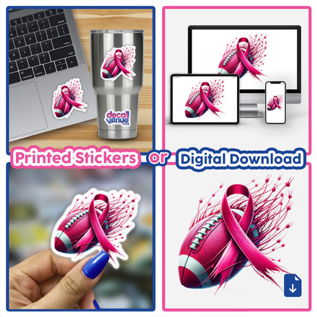 Collage featuring the Pink Ribbon Football Breast Cancer sticker and laptop digital artwork, showcasing a football adorned with a pink ribbon, promoting breast cancer awareness.