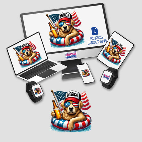 Golden retriever dog wearing sunglasses, holding American flag, and floating on inflatable pool ring with Merica text, displayed across various digital devices.