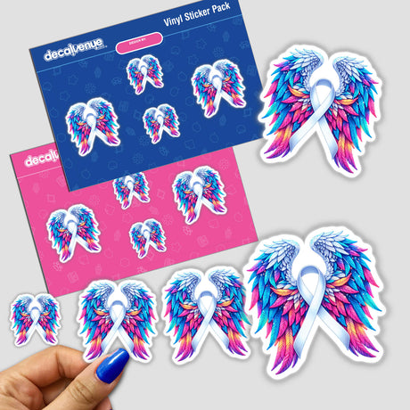 White Awareness Ribbon with Wings stickers, featuring intricate winged ribbon designs. Available as tangible stickers or digital artwork from Decal Venue, specializing in unique vinyl stickers and digital art.