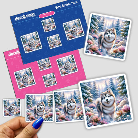 Husky in a Snow-Covered Forest Watercolor Illustration sticker pack featuring a dog standing among snowy trees, available as unique stickers or digital artwork from Decal Venue.