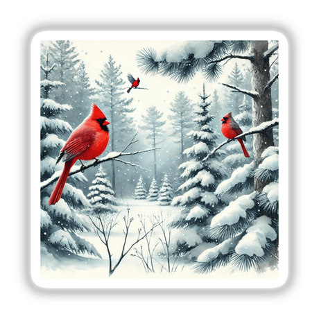 Winter Wonderland - Forest of Snowy Pines and Red Cardinals: A group of red cardinals perched and flying on a snow-covered tree branch in a serene winter forest. Available as stickers or digital artwork.