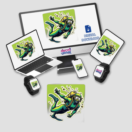 Mergulhador Verdão: A computer monitor and laptop displaying a cartoon diver, available as stickers or digital artwork from Decal Venue.