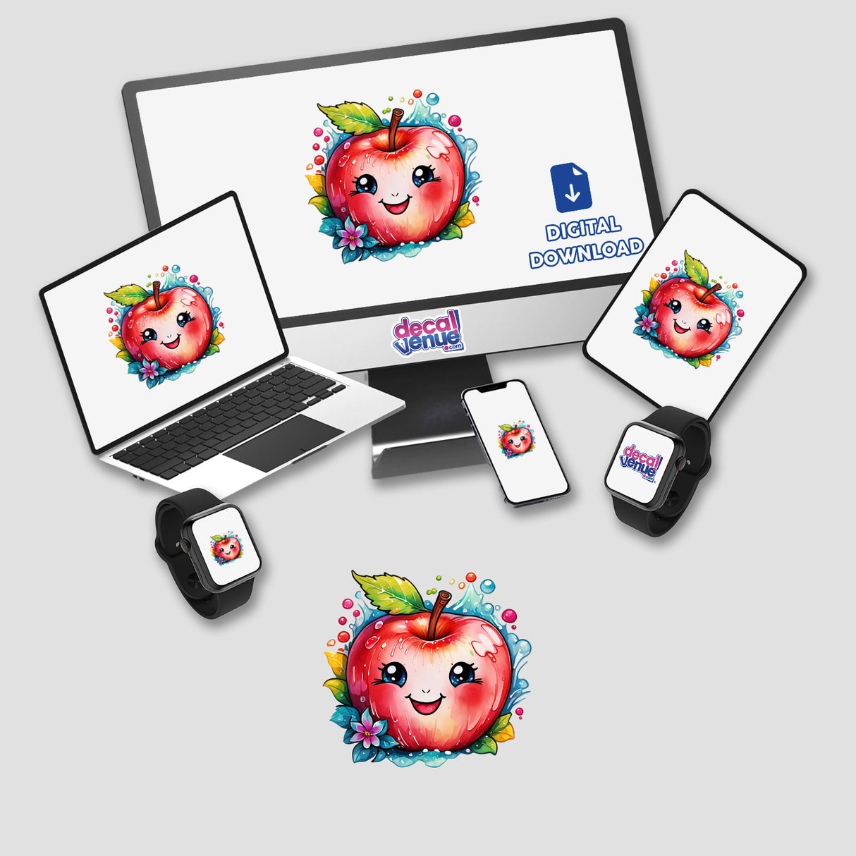 Cute Smiling Apple stickers or digital artwork displayed on various devices, including a laptop, computer monitor, tablet, smartphone, and smartwatch, all featuring a cheerful cartoon apple with a face and leaves.