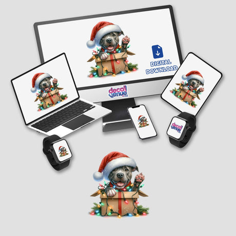 Santa Pitbull Dog in a Christmas Box III: A whimsical depiction of a pitbull wearing a Santa hat inside a box with festive lights, available as stickers or digital artwork.