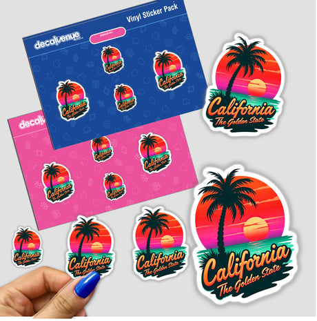 California The Golden State sticker featuring a beach scene with palm trees and a sunset, held by a hand with blue nail polish. Available as a sticker or digital artwork.