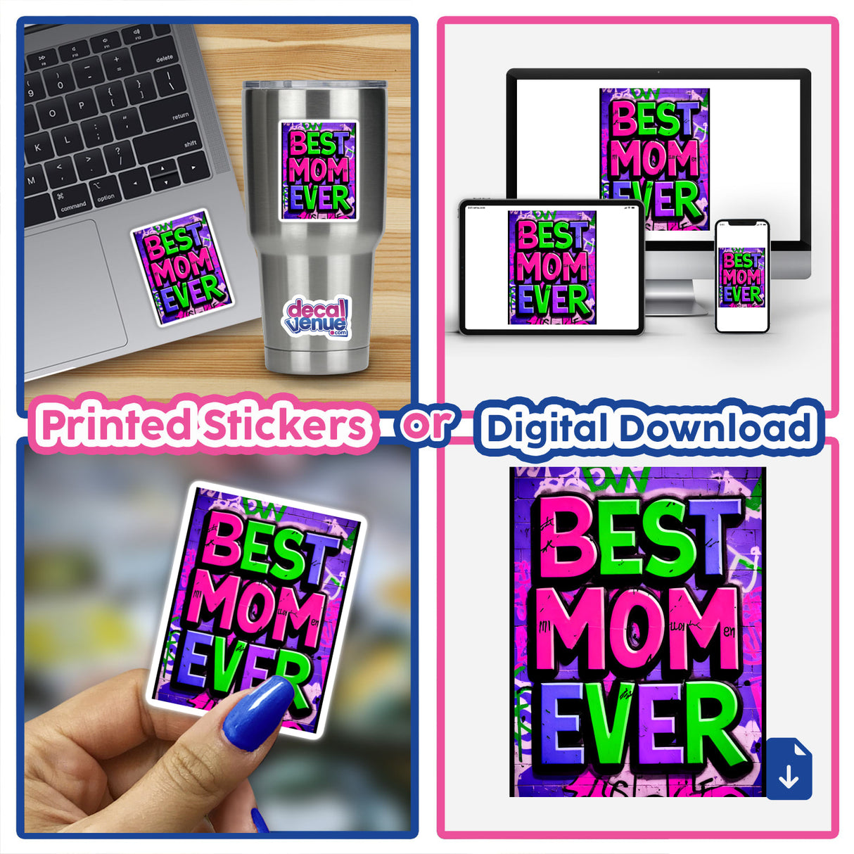 Collage showcasing a laptop adorned with Best Mom Ever stickers, emphasizing their appeal as part of Decal Venue's unique sticker collection.