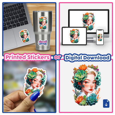 Nature and Beauty Sticker featuring a woman’s portrait adorned with succulent plants, ideal for laptops and cups. Available as stickers or digital art from Decal Venue.