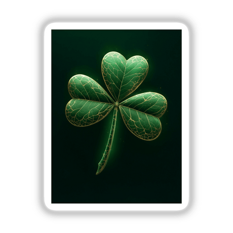 Golden Veined Shamrock: A green four-leaf clover with subtle glowing veins and cracked gold detailing, available as stickers or digital artwork, perfect for unique decor.