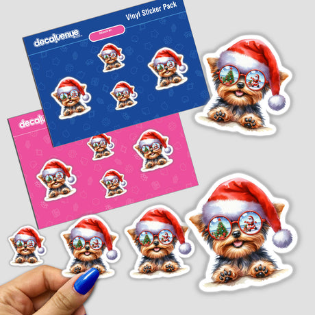 Christmas Santa Yorkie with Sunglasses stickers featuring a cartoon dog wearing a Santa hat and sunglasses, available as unique stickers or digital artwork from Decal Venue.