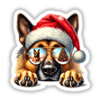 Resting Christmas Santa German Shepherd Dog wearing a Santa hat and sunglasses, with tongue out, available as unique stickers or digital artwork from Decal Venue.