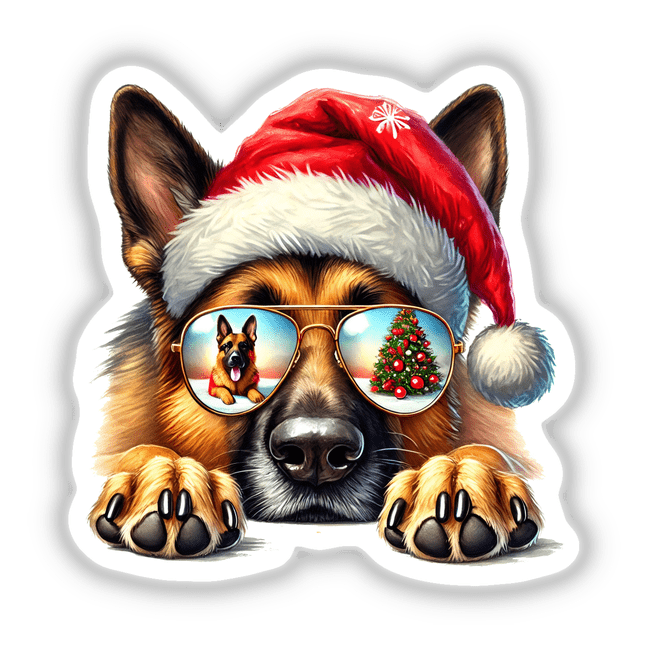 Resting Christmas Santa German Shepherd Dog wearing a Santa hat and sunglasses, with tongue out, available as unique stickers or digital artwork from Decal Venue.