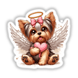 Yorkie Angel Dog Holding Heart: A cartoon-style illustration featuring a cute Yorkie dog holding a heart, available as stickers or digital artwork from Decal Venue.