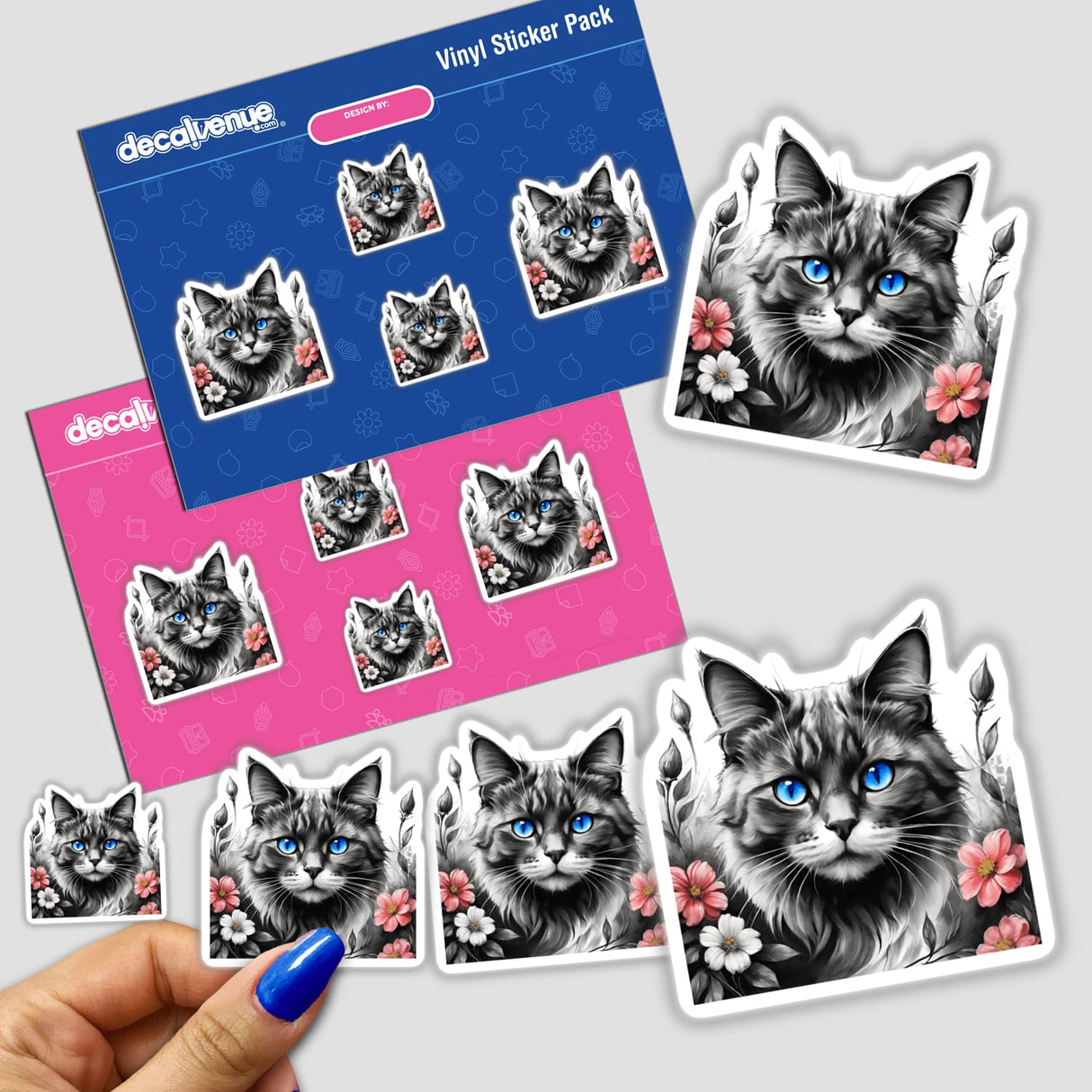 Cat Blue Eyes Floral Accents PA08 stickers featuring detailed illustrations of blue-eyed cats surrounded by delicate flowers. Available as stickers or digital artwork from Decal Venue.