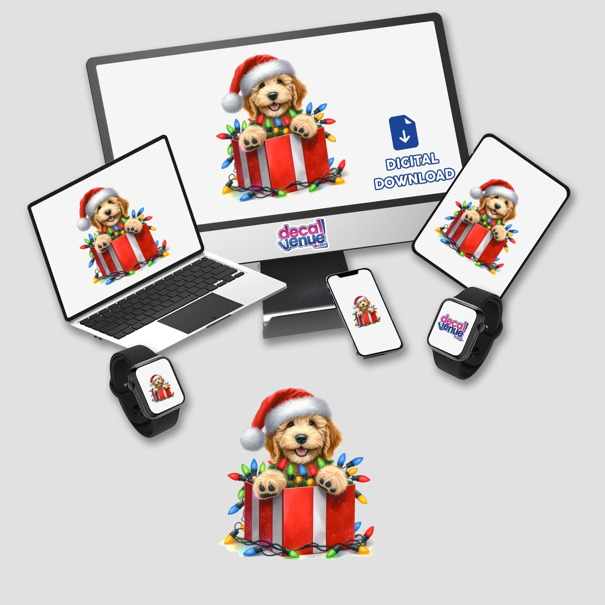 Christmas Lights Santa Golden Doodle Dog in Gift Box II depicted with a joyful dog wearing a Santa hat inside a festive gift box, available as stickers or digital artwork.