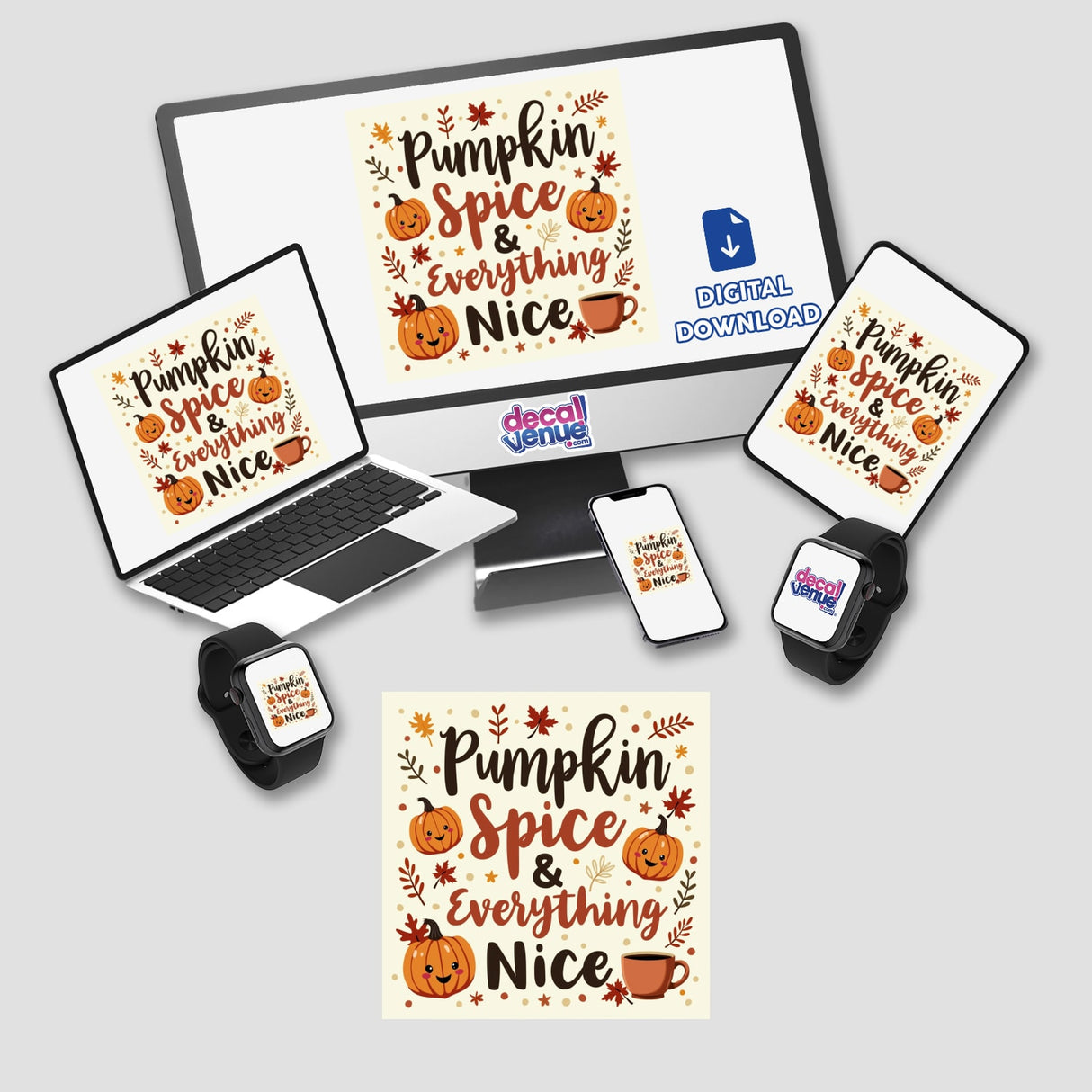 Pumpkin Spice & Everything Nice Fall Sticker features cartoon pumpkins and leaves on screens. Available as cozy autumn clipart with commercial rights, ideal for seasonal projects or decor.