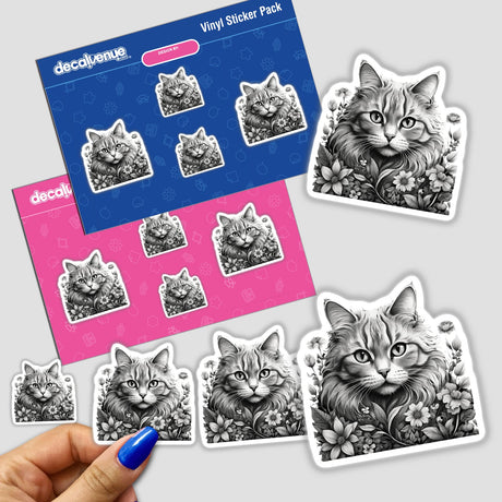 Beautiful Cat Portrait Floral PA06 stickers featuring illustrated cats adorned with flowers. Available as both physical stickers and digital artwork, perfect for decorating and personalizing items.