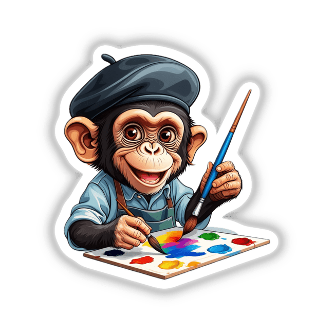 Artistic Chimpanzee Painting with Vibrant Palette depicts a cartoon monkey in a blue shirt skillfully painting with a brush, available as stickers or digital artwork from Decal Venue.