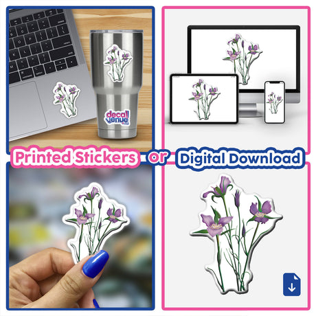 Collage featuring a laptop adorned with a sticker titled American Wild Flowers, showcasing vibrant digital artwork of purple flowers, available as unique stickers or digital art from Decal Venue.