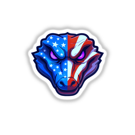 Cartoon alligator with American flag design, featuring stars and stripes. Available as stickers or digital artwork at Decal Venue.